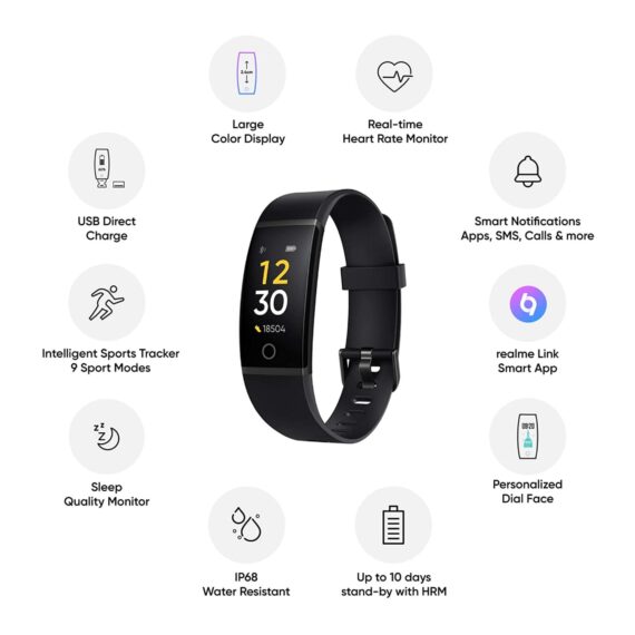 Realme Band (Black) - Full Colour Screen with Touchkey, Real-time Heart Rate Monitor, in-Built USB Charging, IP68 Water Resistant