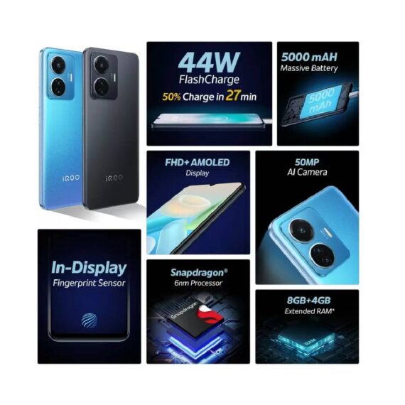 Vivo iQOO Z6 44W (Lumina Blue, 6GB RAM, 128GB Storage) | 44W FlashCharge + 5000mAh Battery | FHD+ AMOLED Display | in-Display Fingerprint